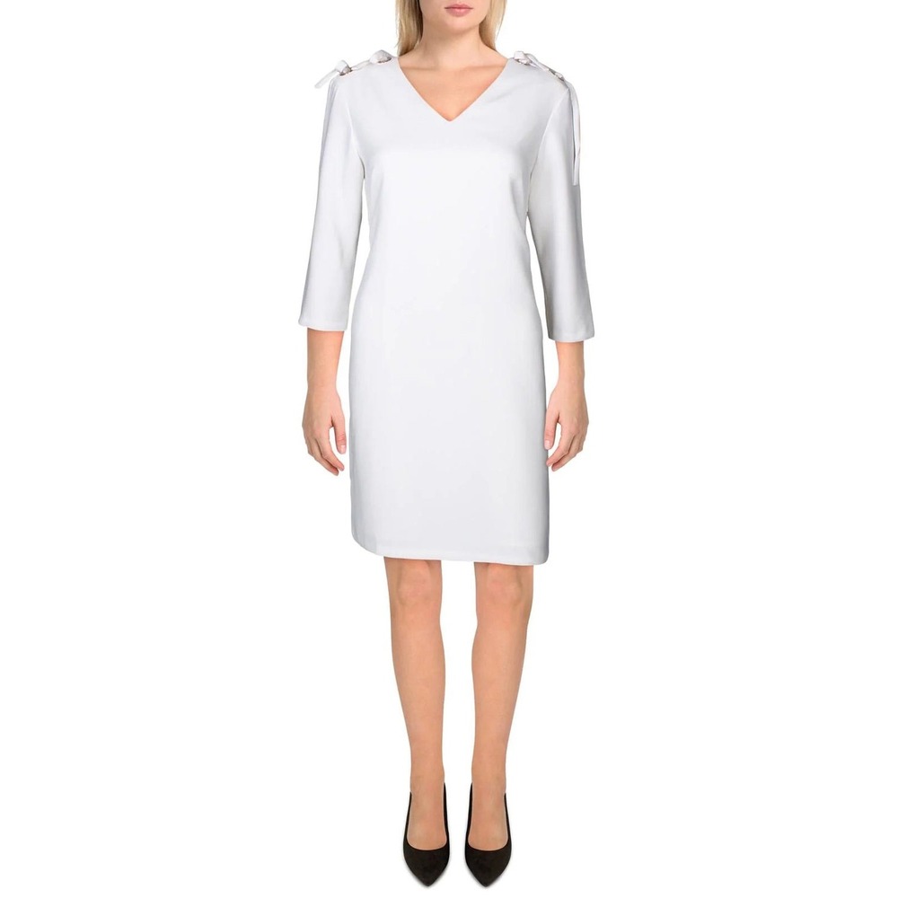 NWOT Tahari V Neck Shift Dress Size 10 White Ribbon Shoulder Minimalist Bridal